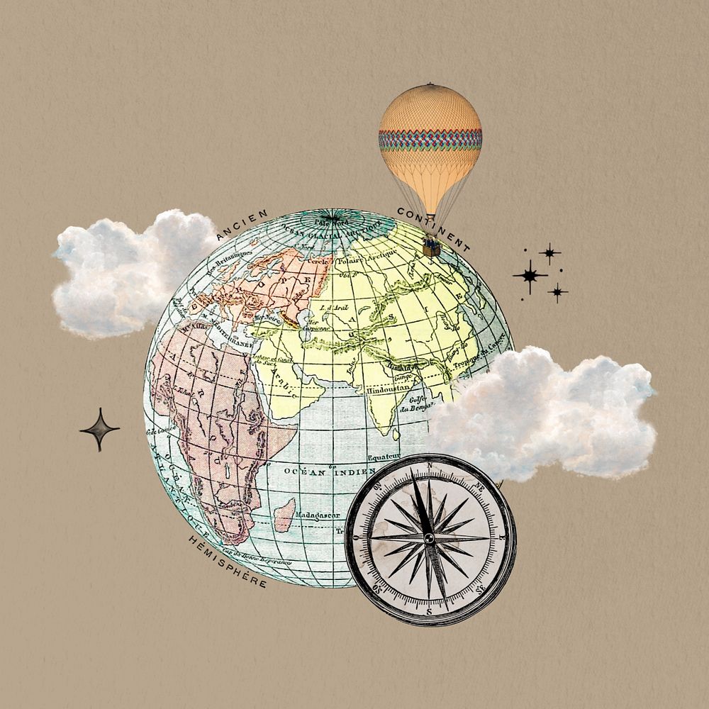 Aesthetic globe and compass, editable travel collage. Remixed by rawpixel.