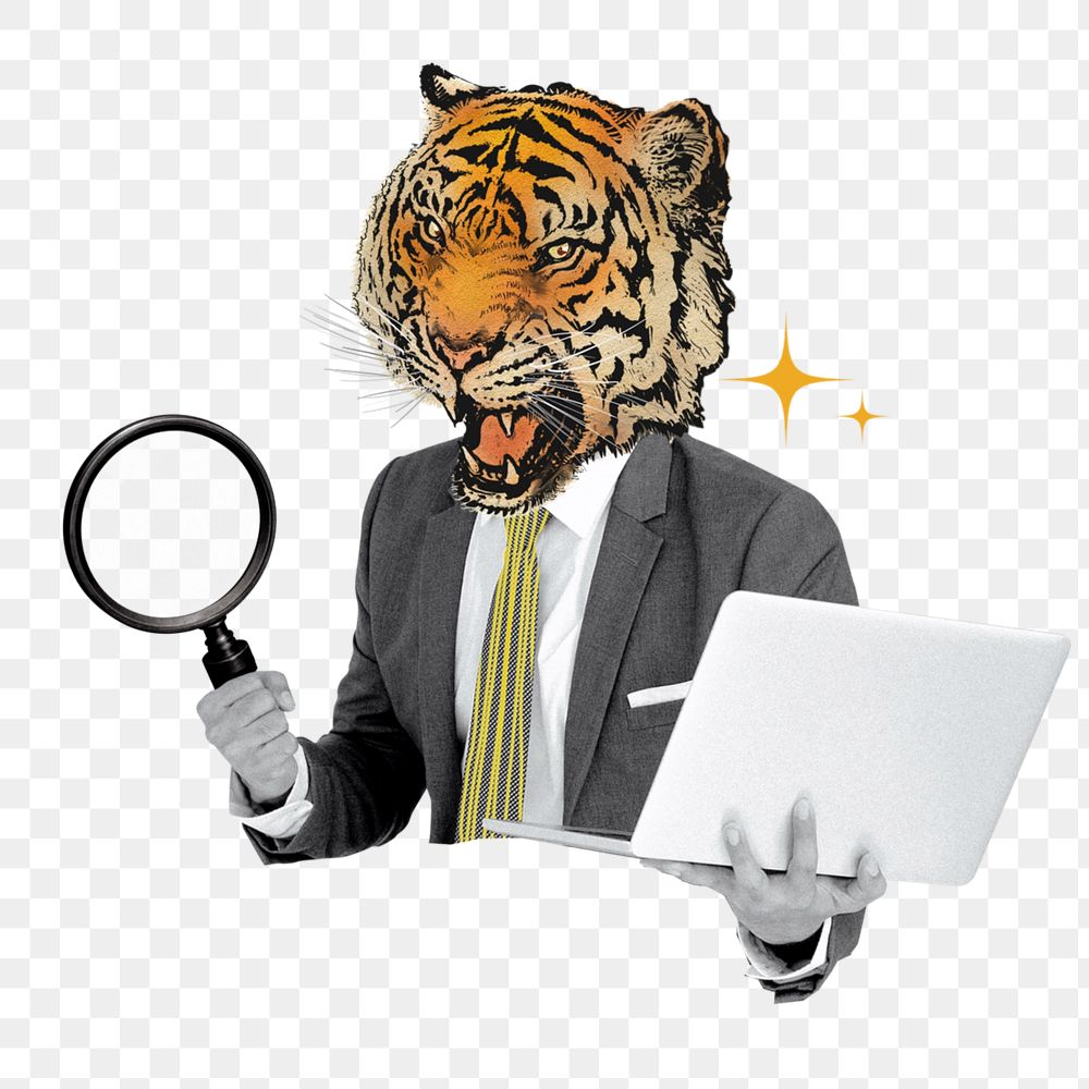 Tiger head businessman png sticker, business management remix, editable design