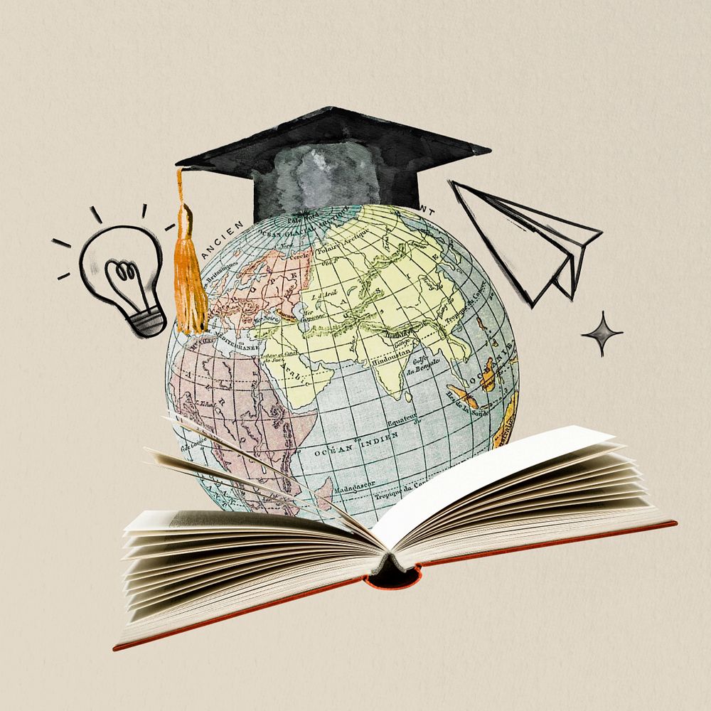 Globe reading textbook, creative education editable collage. Remixed by rawpixel.