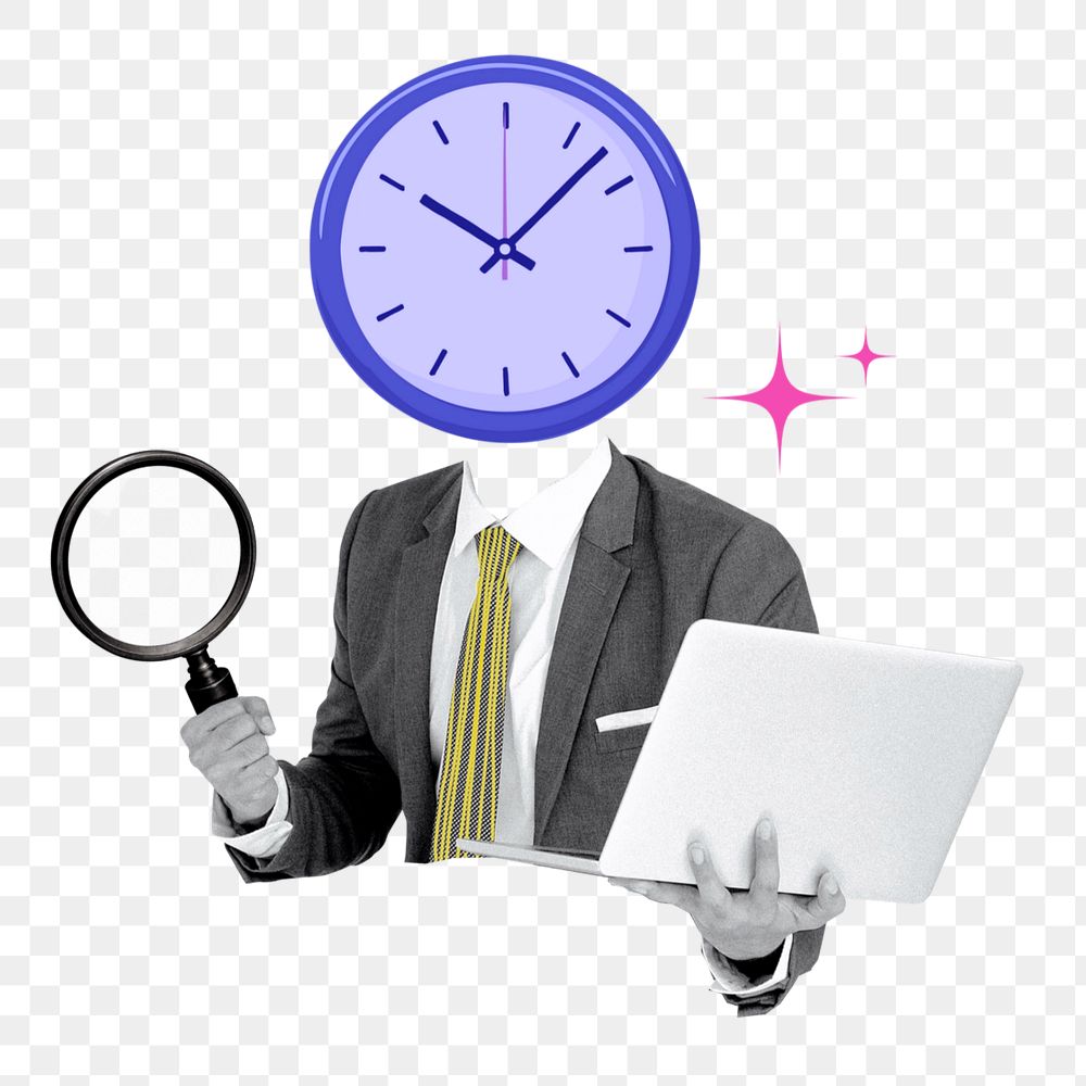 Clock-head businessman png sticker, work-life balance concept, editable design