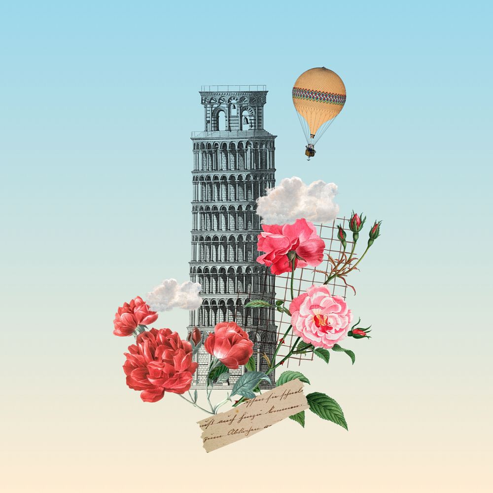 Tower of Pisa, floral travel editable collage. Remixed by rawpixel.