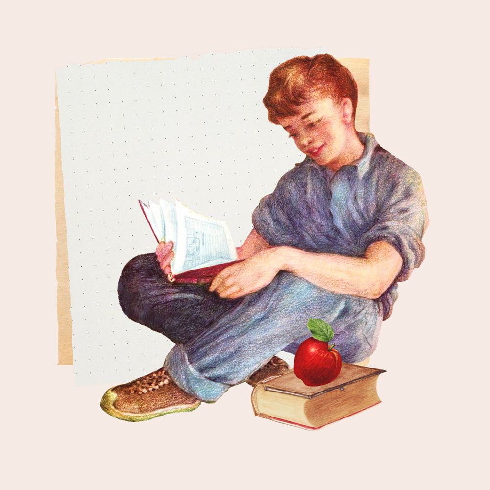 Little boy reading book, note paper, education editable collage. Remixed by rawpixel.