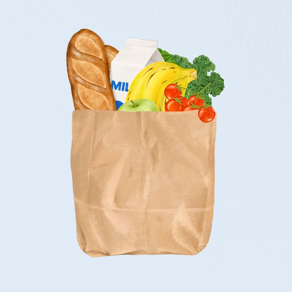 Healthy food grocery bag illustration, editable design