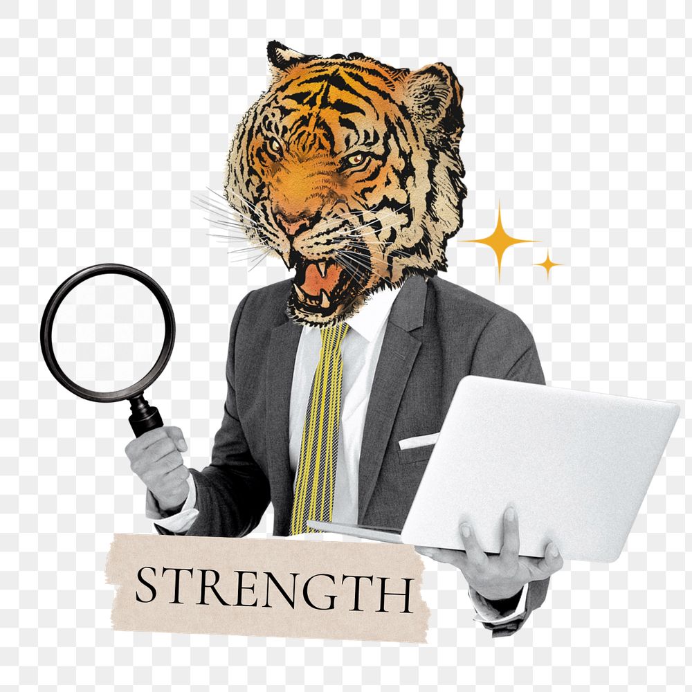 Strength word png sticker, tiger head businessman remix, customizable design