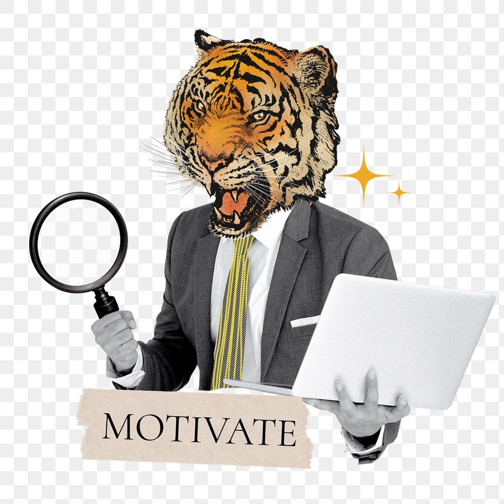 Motivate word png sticker, tiger head businessman remix, customizable design