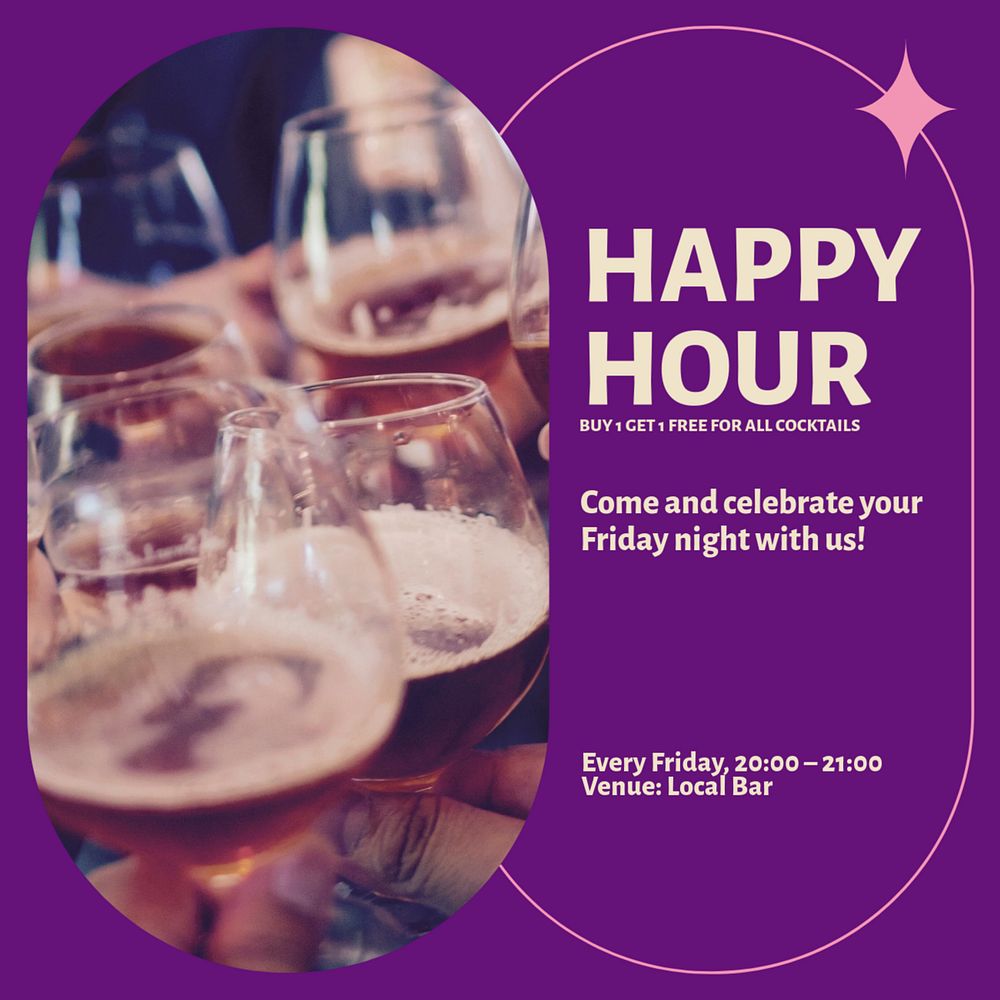 Happy hour Instagram post template, editable design