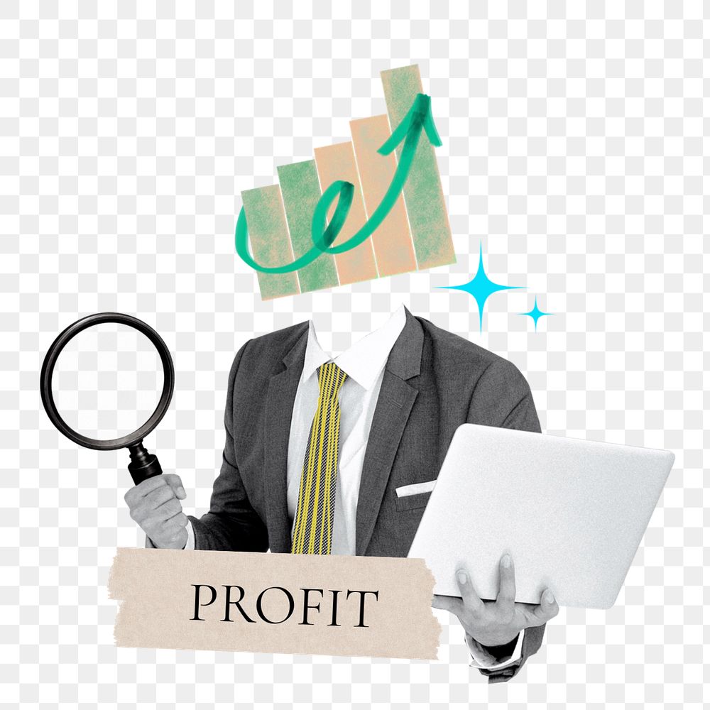 Profit word png sticker, growing chart head businessman remix, customizable design