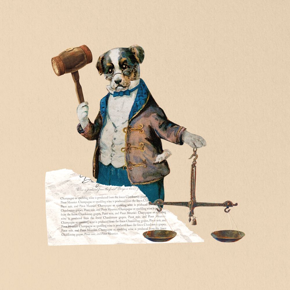 Dog holding gavel, justice scale editable collage. Remixed by rawpixel.