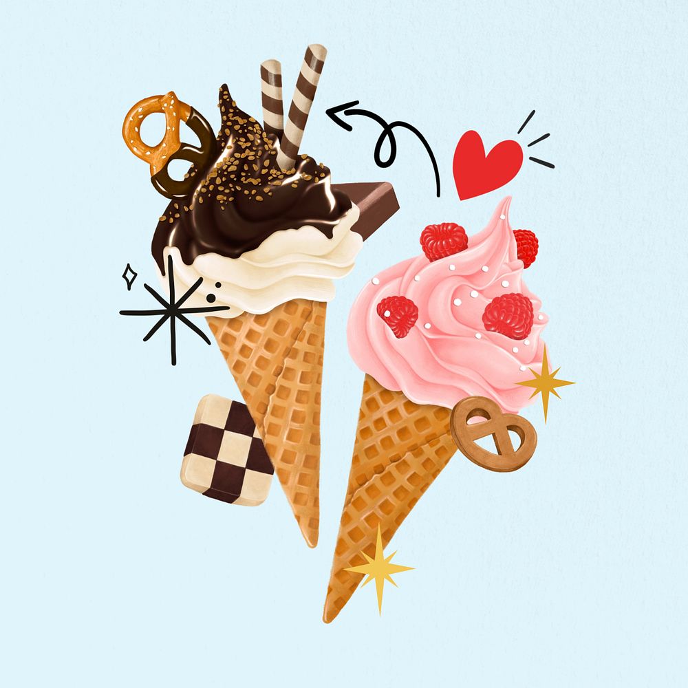 Ice-cream cone sundae, dessert illustration, editable design