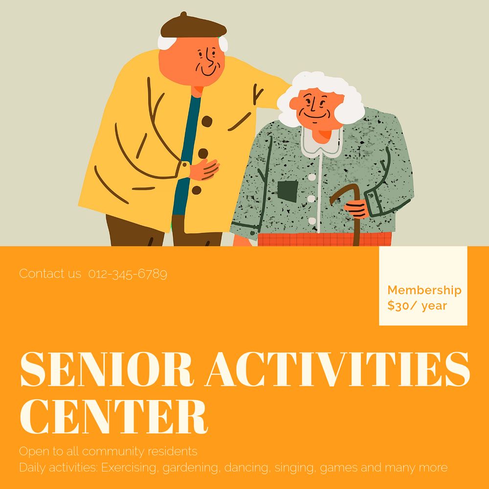 Senior activities center Instagram post template, editable design