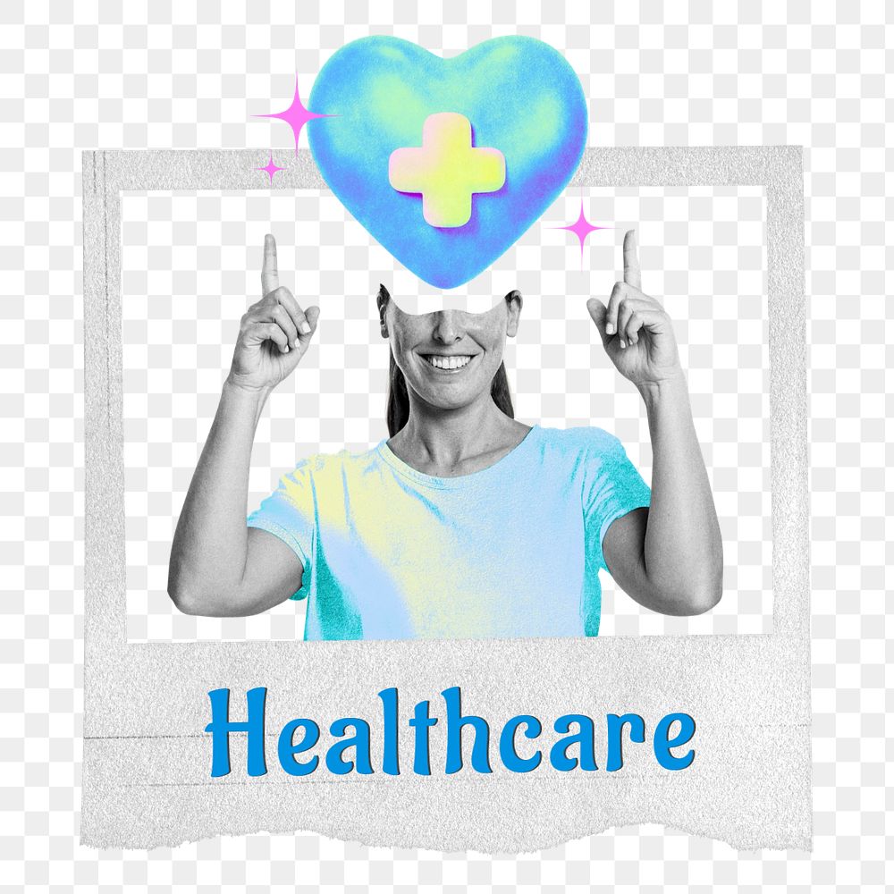 Healthcare word png element, editable instant photo frame collage remix