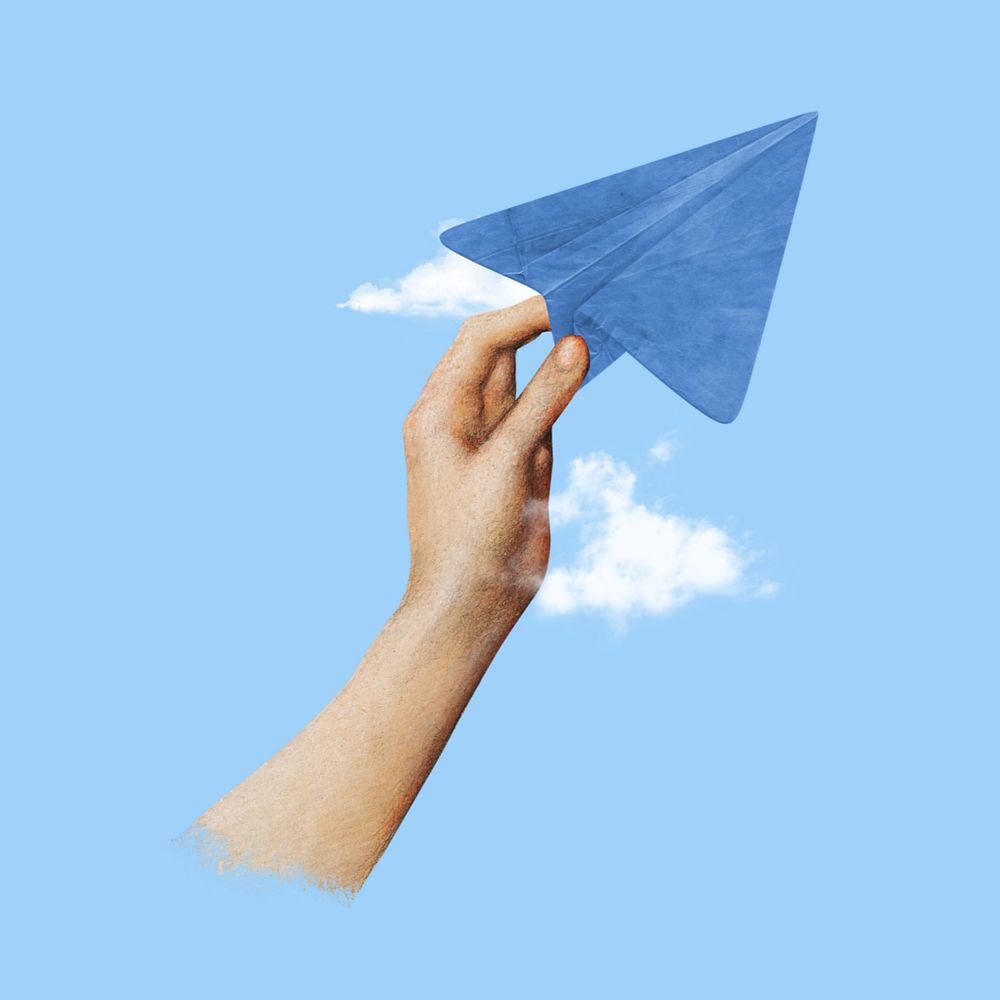 Hand holding paper plane, editable travel collage. Remixed by rawpixel.