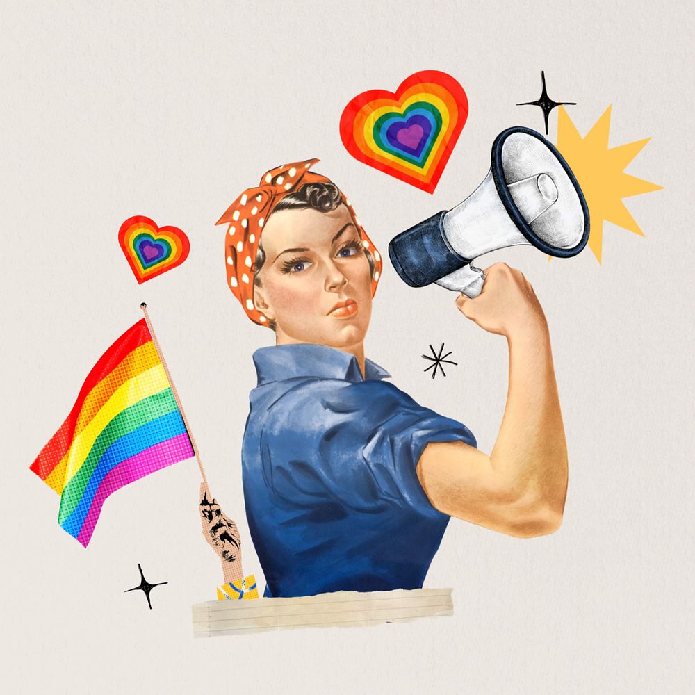 LGBT woman activist editable holding pride flag. Remixed by rawpixel.