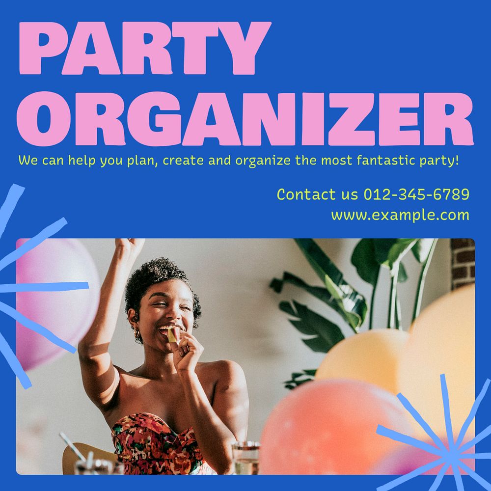 Party organizer Instagram post template, editable text