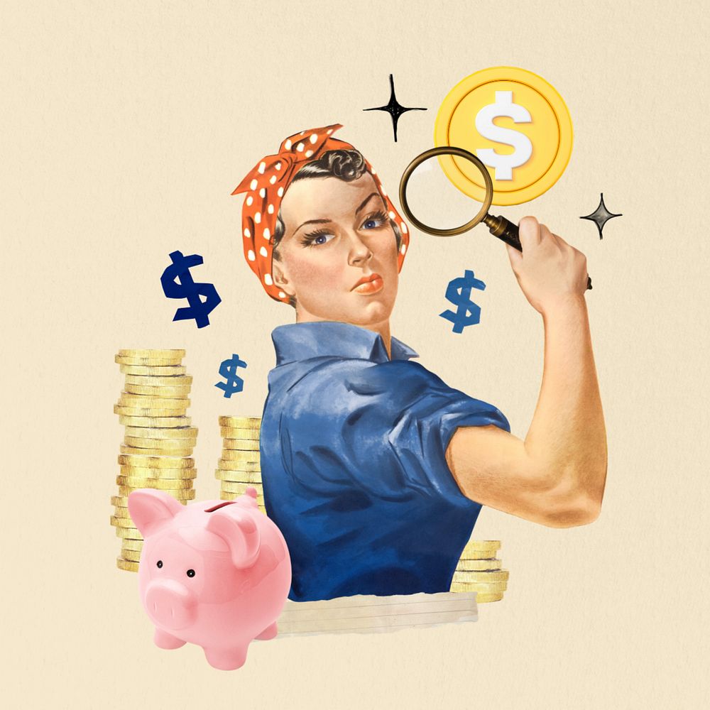 Money saving solution, woman holding magnifying glass editable collage. Remixed by rawpixel.