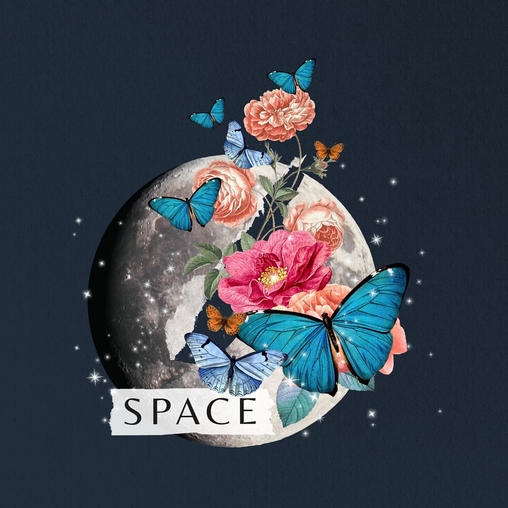 Space word, surreal editable collage art