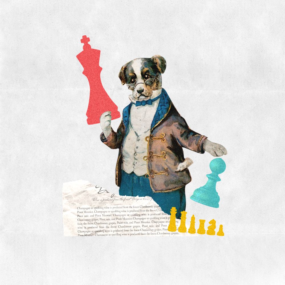 Dog holding chess piece, editable business collage. Remixed by rawpixel.