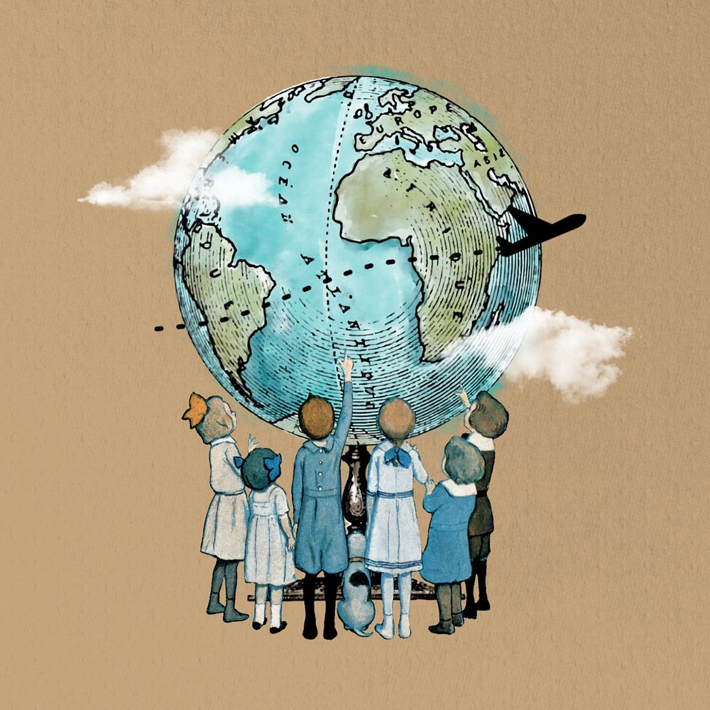 Children looking at globe, travel editable collage. Remixed by rawpixel.