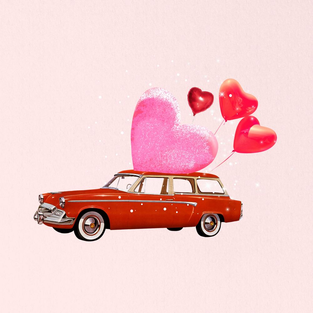 Valentine's celebration car, editable floating heart balloons collage art