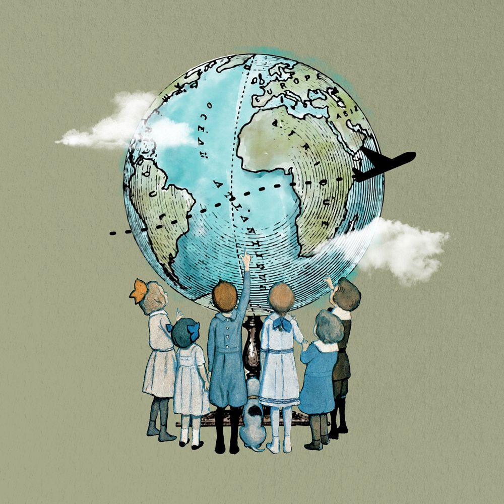 Children looking at globe, travel editable collage. Remixed by rawpixel.