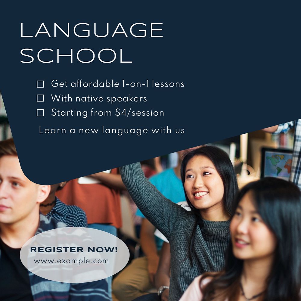 Global language school post template, editable social media design