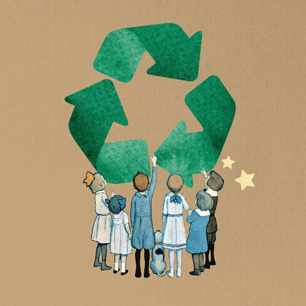 Children learning about recycling, environment editable collage art. Remixed by rawpixel.