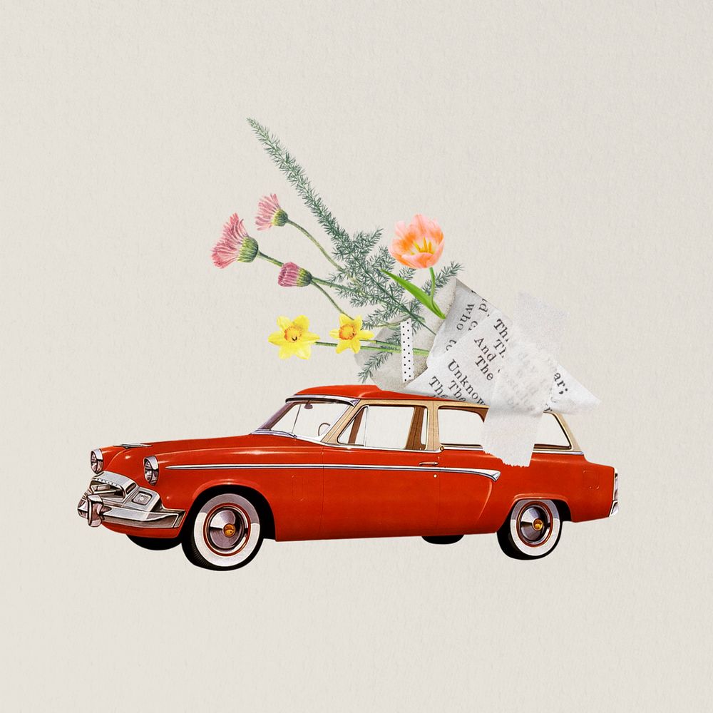 Car carrying flower bouquet, editable aesthetic remix