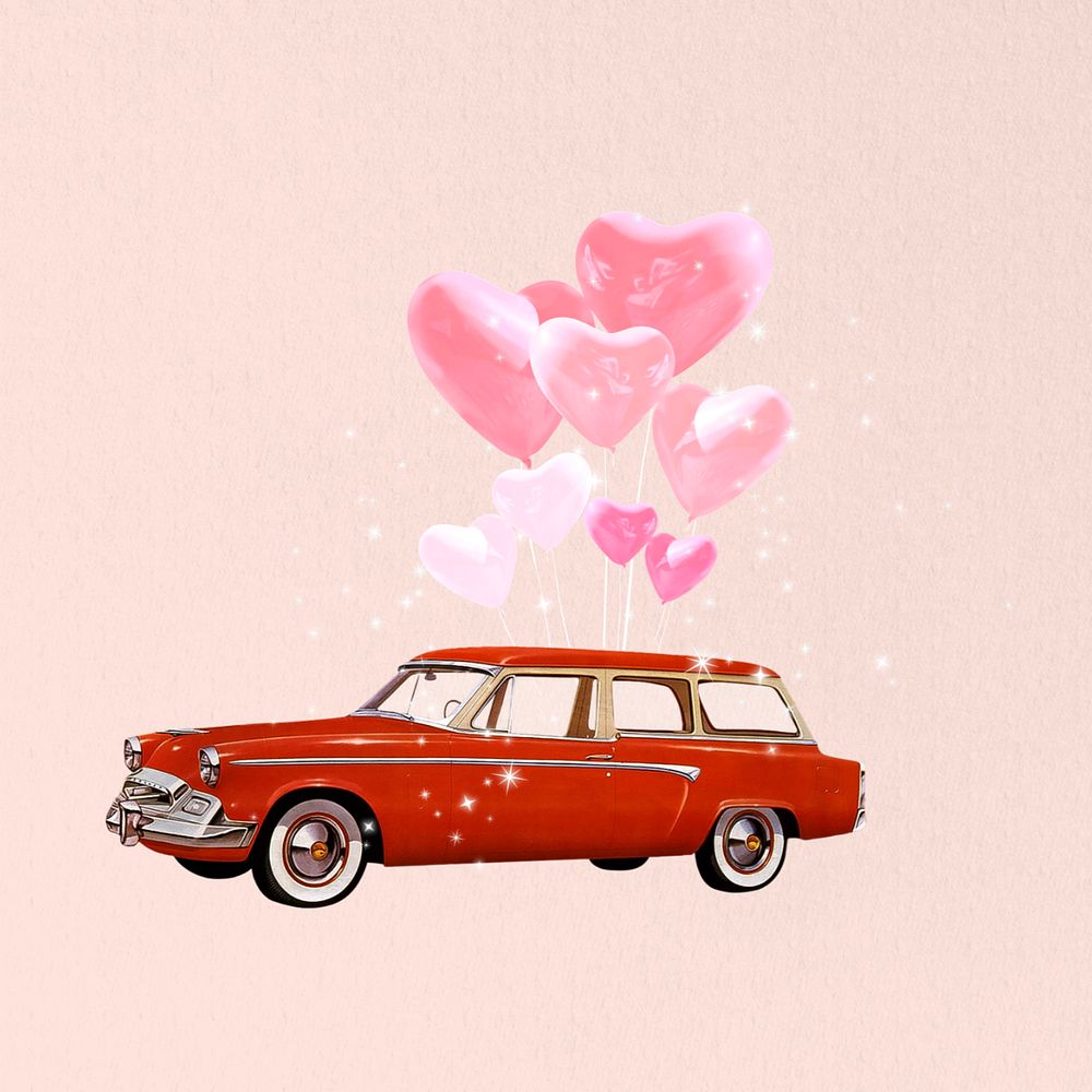 Valentine's celebration car, editable floating heart balloons collage art