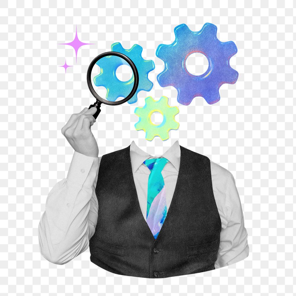 HR recruitment png element, editable cogwheel-head businessman gradient collage remix design