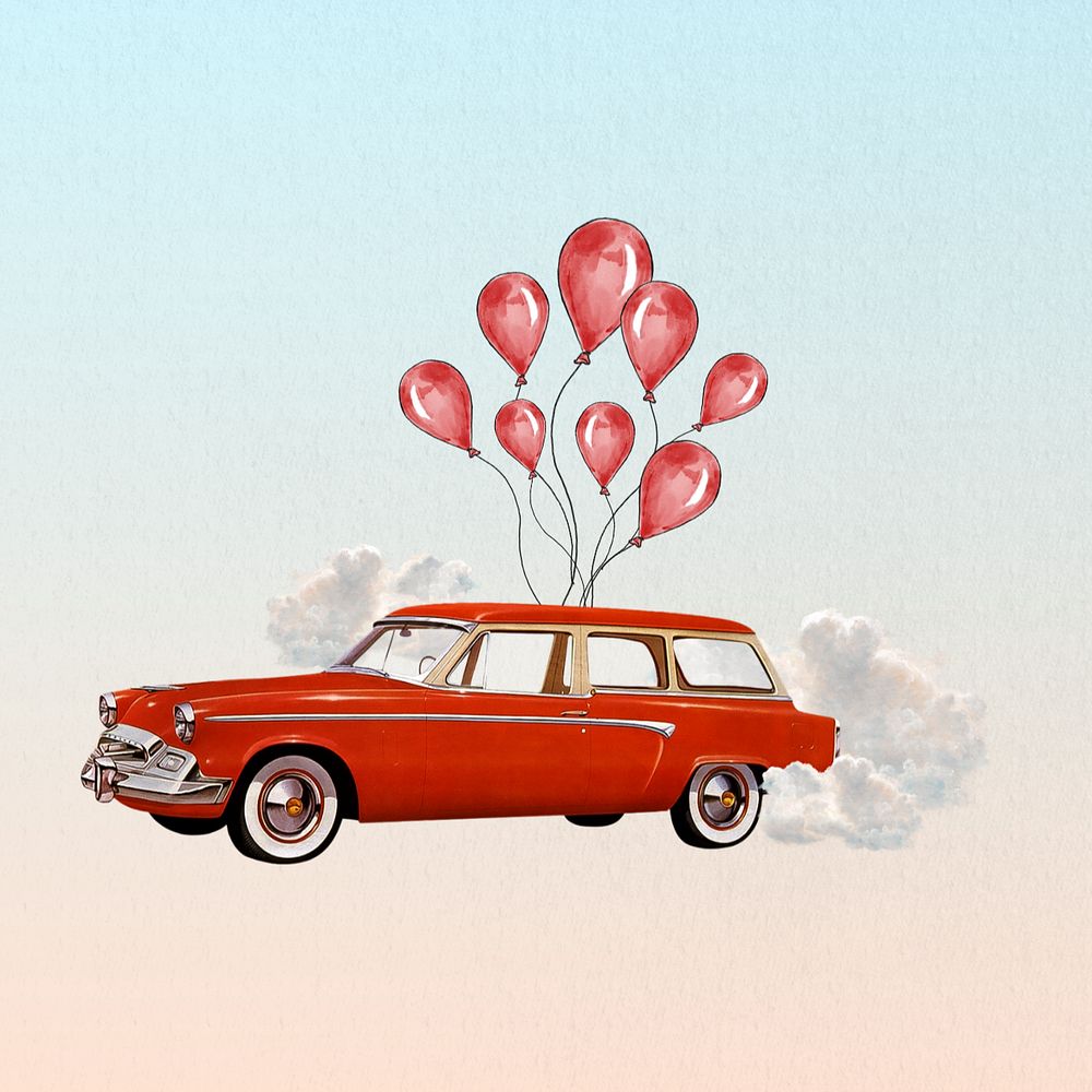 Floating car with balloons, editable celebration graphic