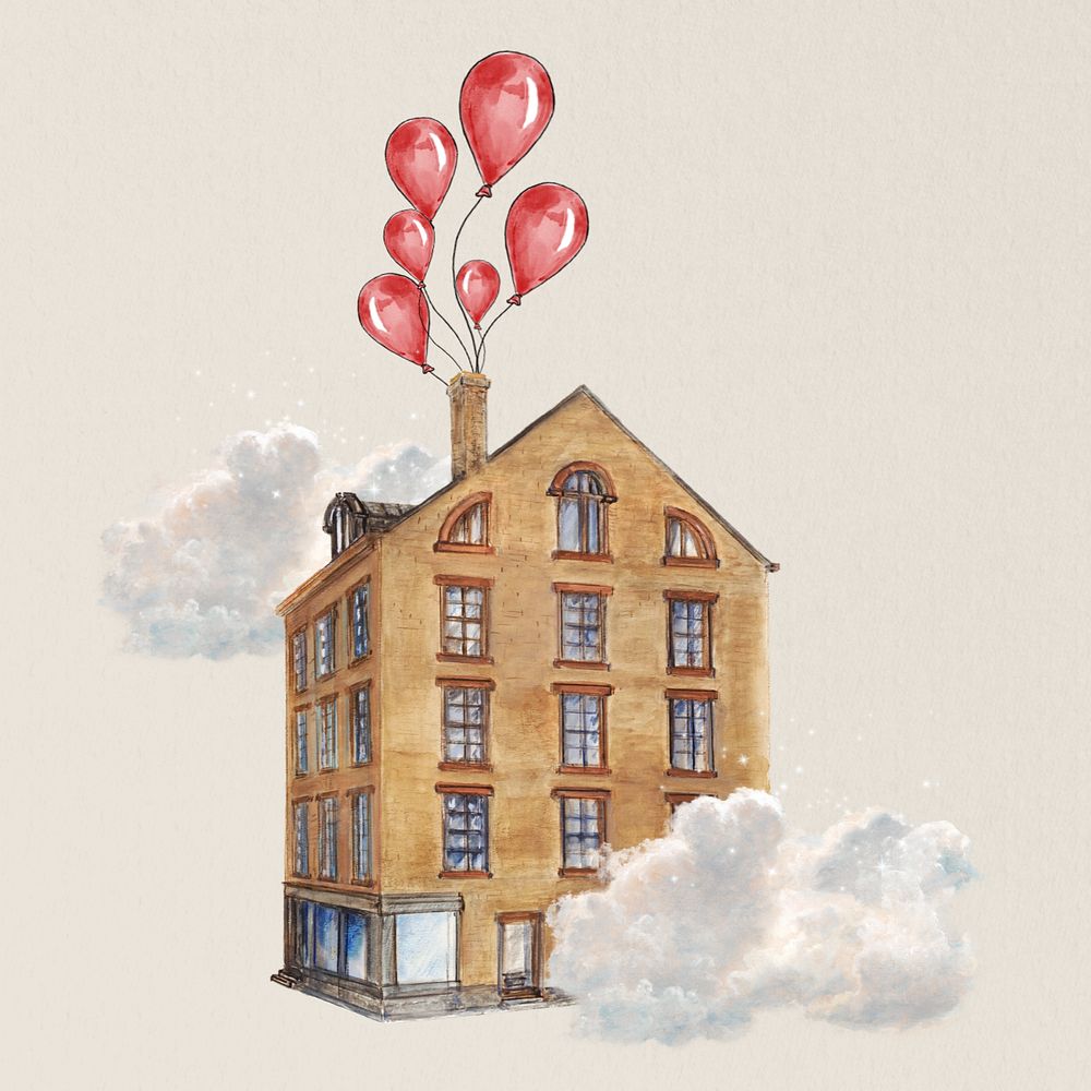 Floating building, editable vintage balloons. Remixed by rawpixel.