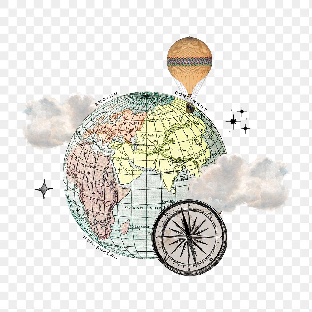 Aesthetic globe and compass png, editable travel collage. Remixed by rawpixel.