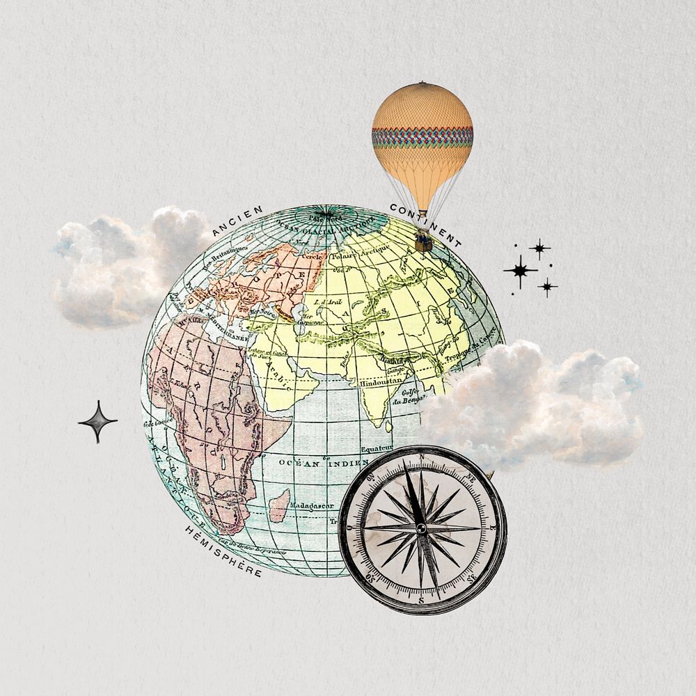 Aesthetic globe and compass, editable travel collage. Remixed by rawpixel.