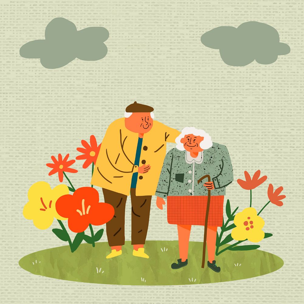 Cute old couple doodle illustration, editable design