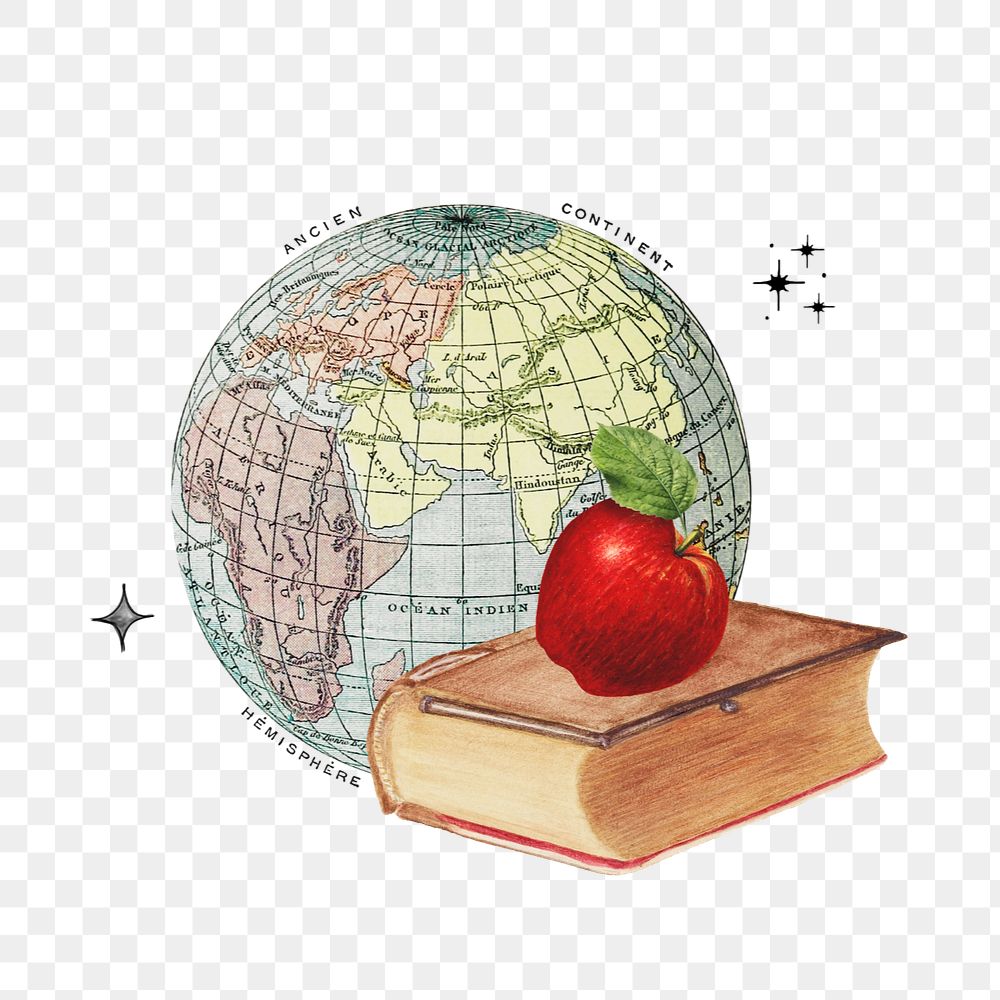 History education png, editable apple on stacked books collage. Remixed by rawpixel.