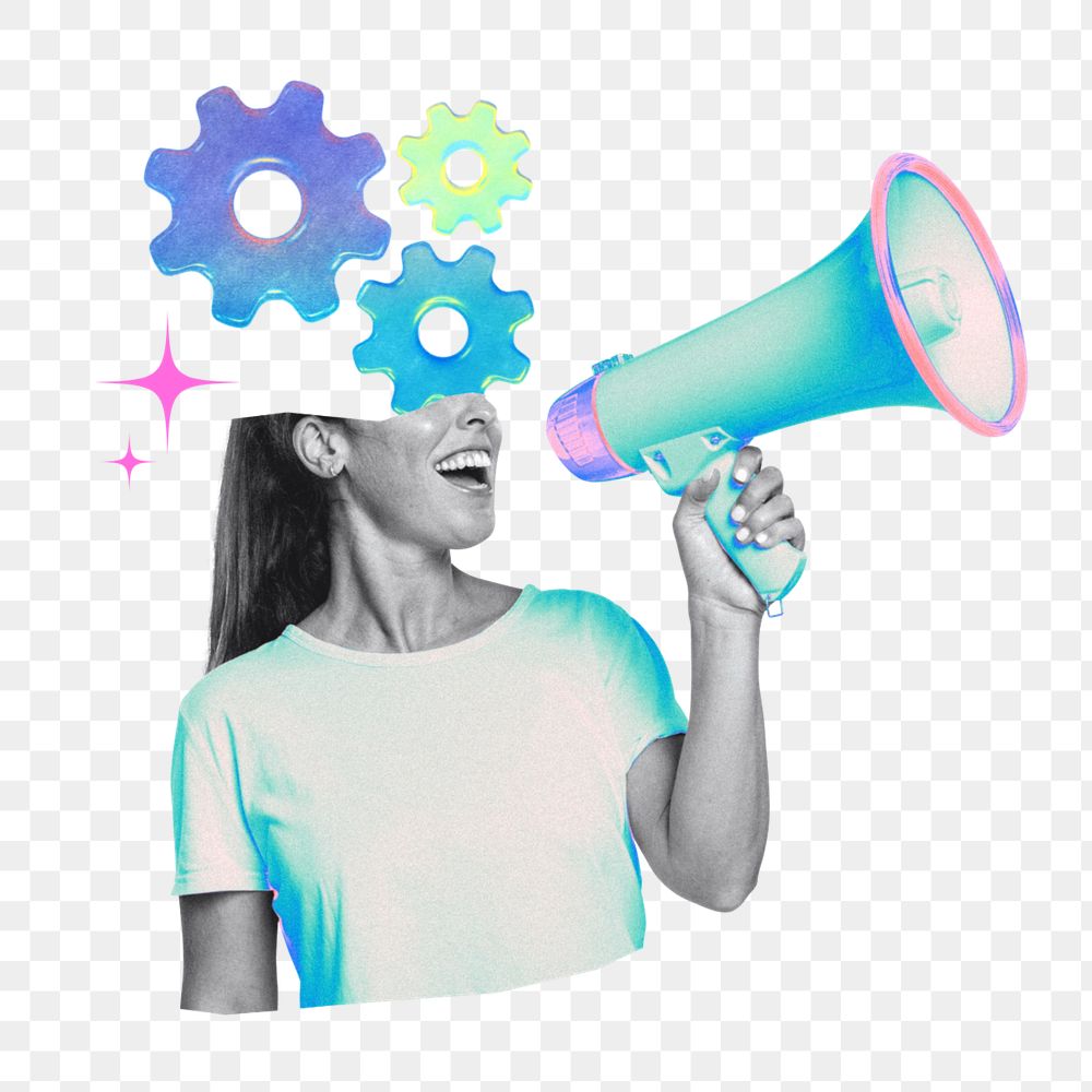 Announcement megaphone png editable cogwheel-head woman collage remix