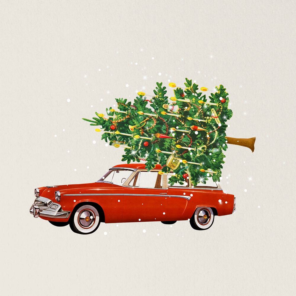 Car carrying Christmas tree editable collage art. Remixed by rawpixel.