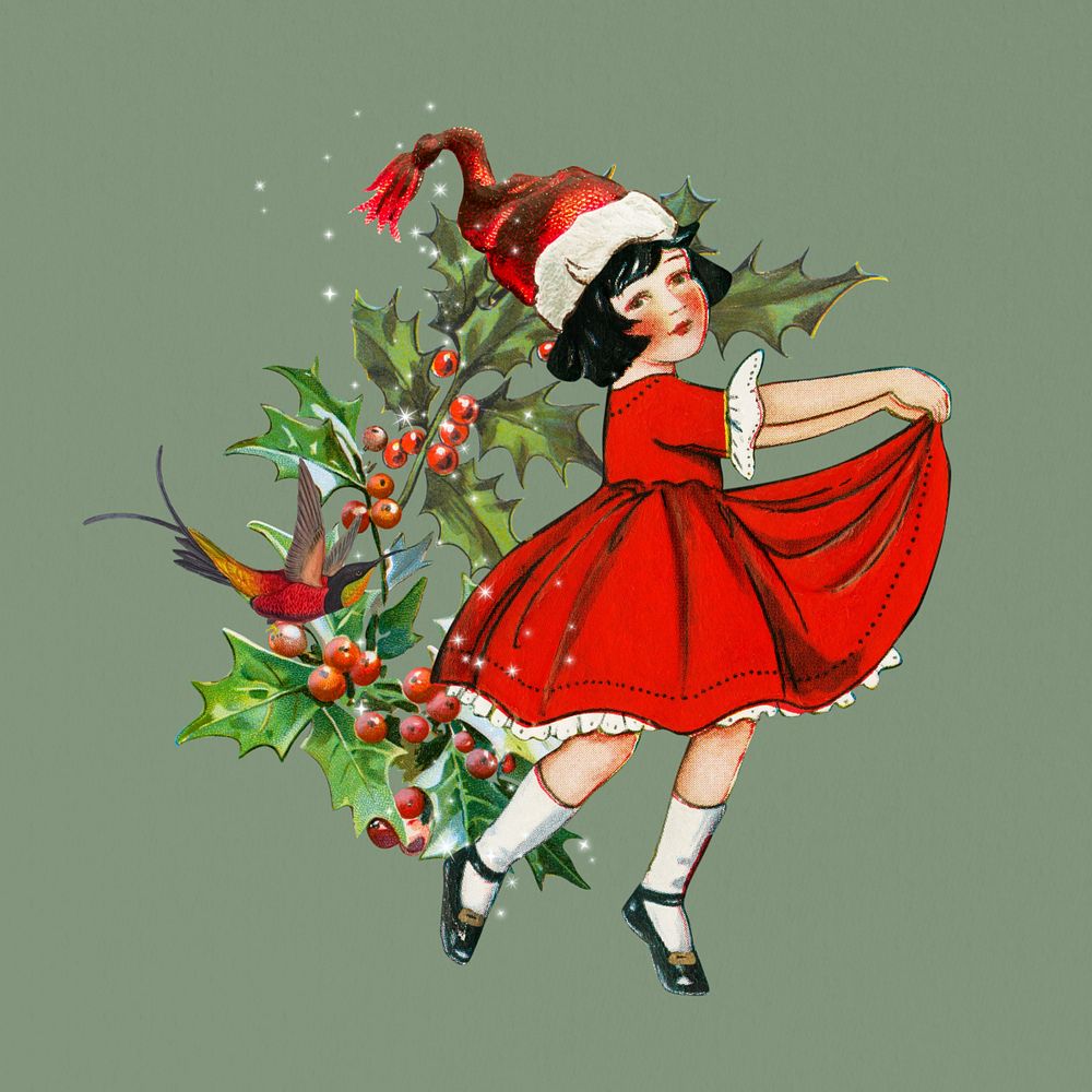 Dancing little girl, Christmas editable collage art. Remixed by rawpixel.