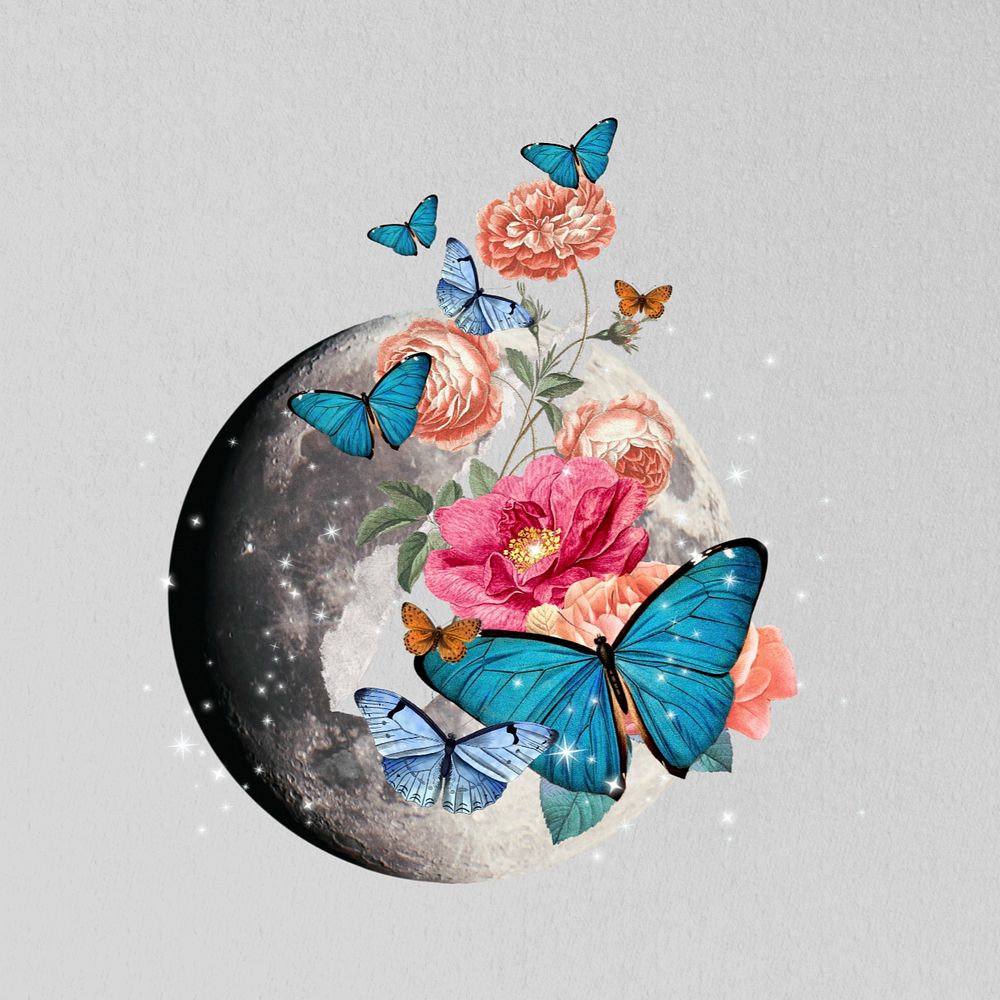 Floral moon butterfly, editable surreal collage art