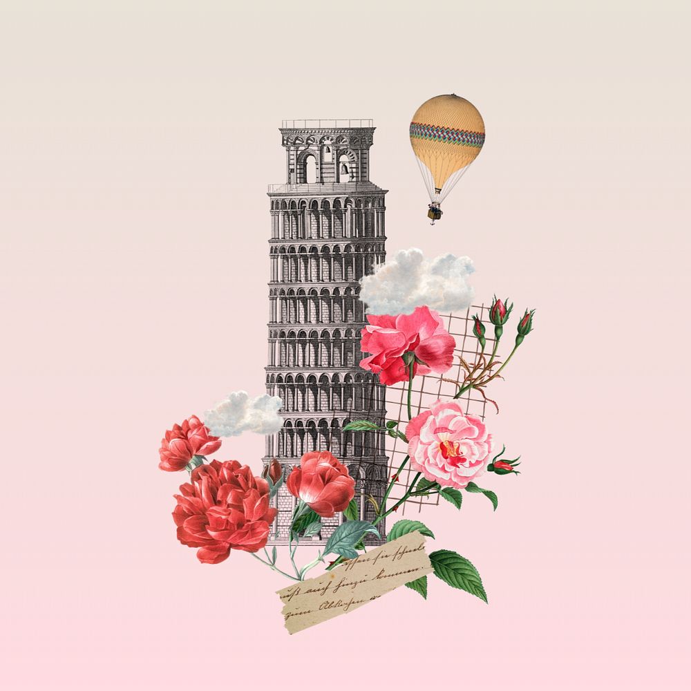 Tower of Pisa, floral travel editable collage. Remixed by rawpixel.