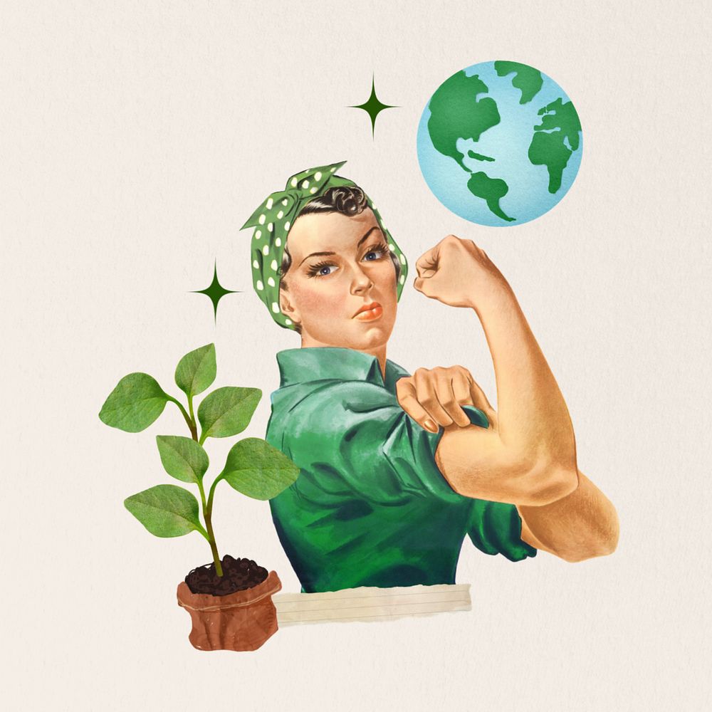 Environmentalist woman flexing muscle editable collage art. Remixed by rawpixel.