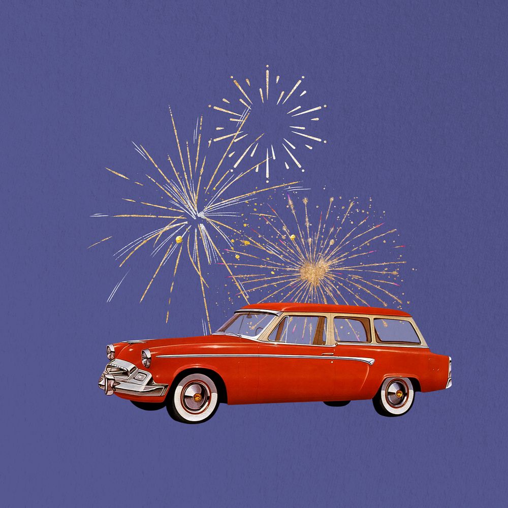 Classic car & fireworks, editable celebration remix