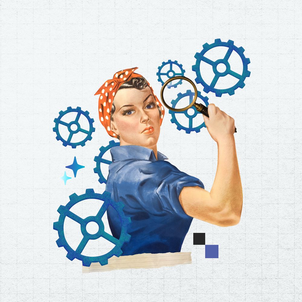 Woman holding magnifying glass, editable cogwheel business. Remixed by rawpixel.