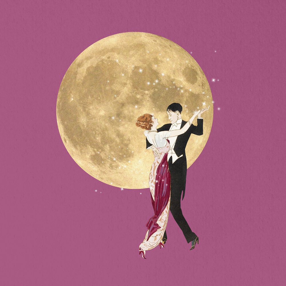 Couple dancing under the moon, vintage editable collage art. Remixed by rawpixel.