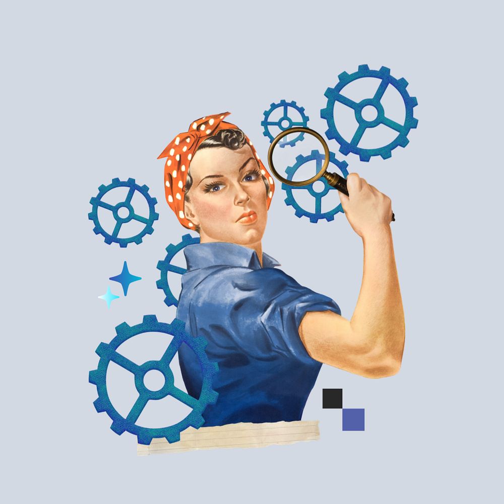 Woman holding magnifying glass, editable cogwheel business. Remixed by rawpixel.