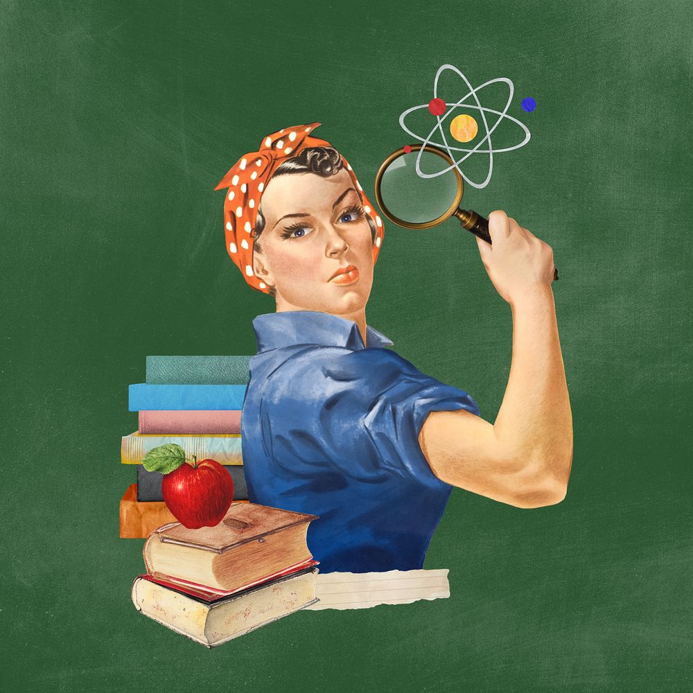 Science education, editable woman holding magnifying glass collage. Remixed by rawpixel.