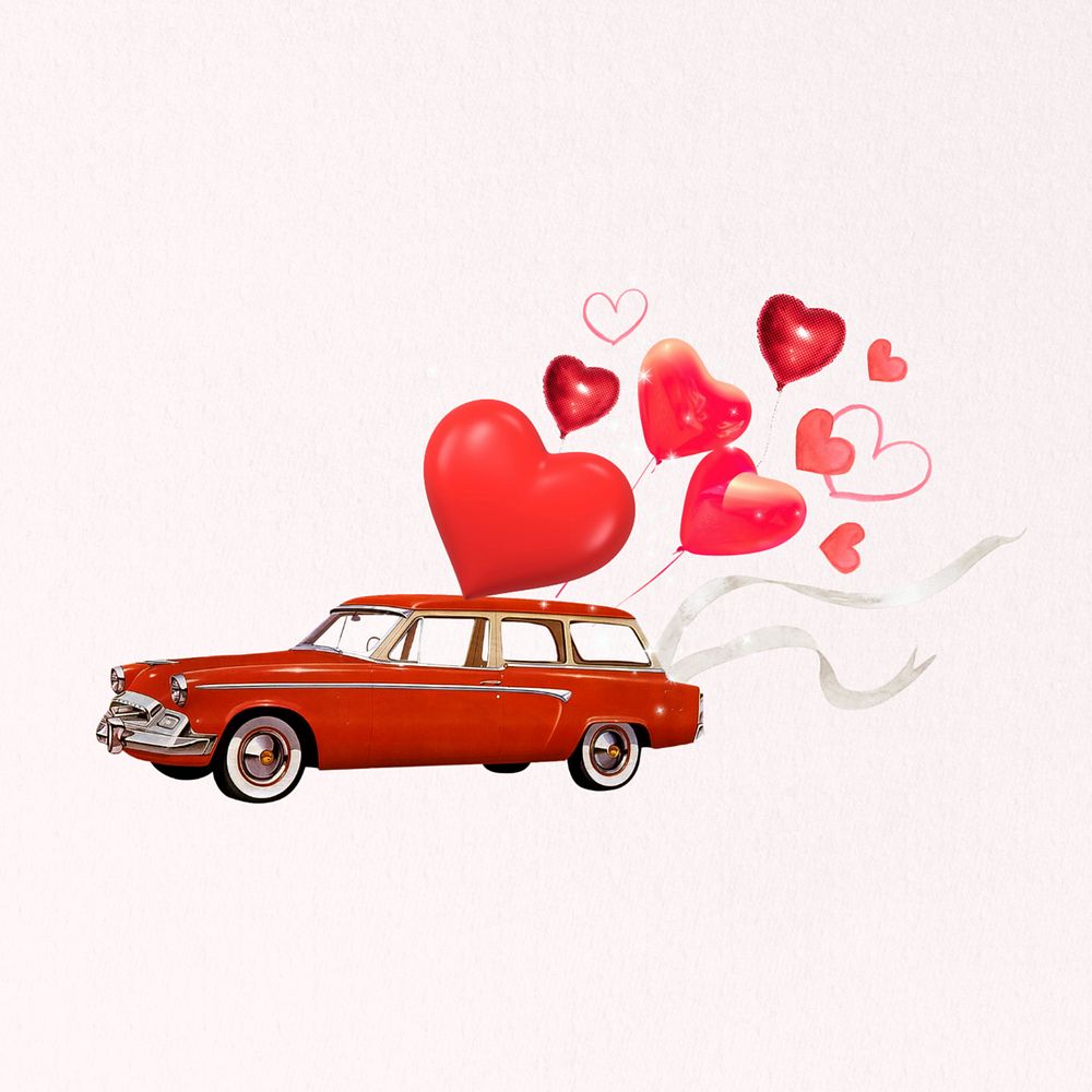 Valentine's celebration car, floating heart balloons editable collage art