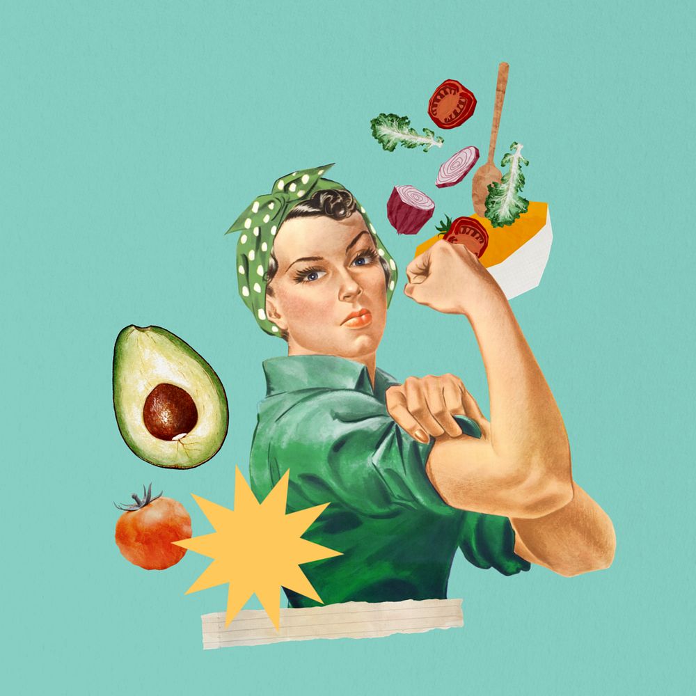 Flexing woman, healthy diet & wellness editable collage. Remixed by rawpixel.