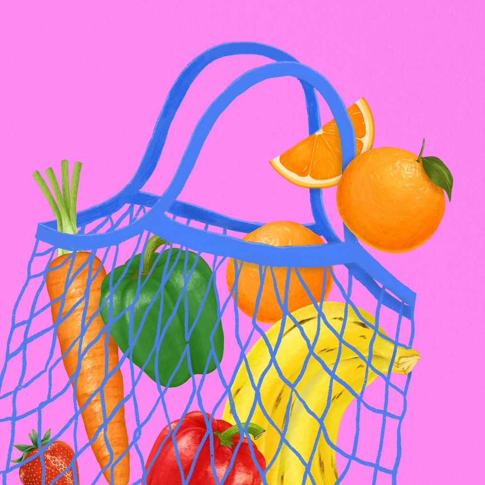 Fruit & vegetables, grocery shopping bag illustration, editable design