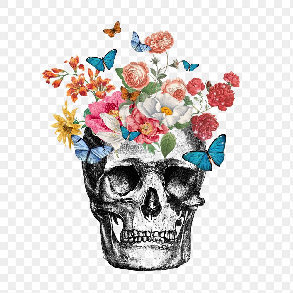 Flower human skull png, editable mental health collage. Remixed by rawpixel.